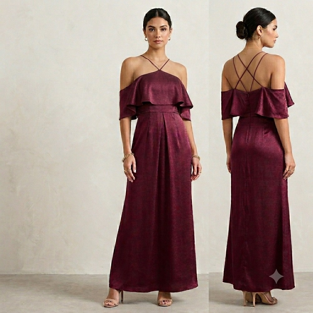 Adrianna Papell Hammered Satin Dress Womens 4 Deep Wine Off Shoulder Gown Formal
